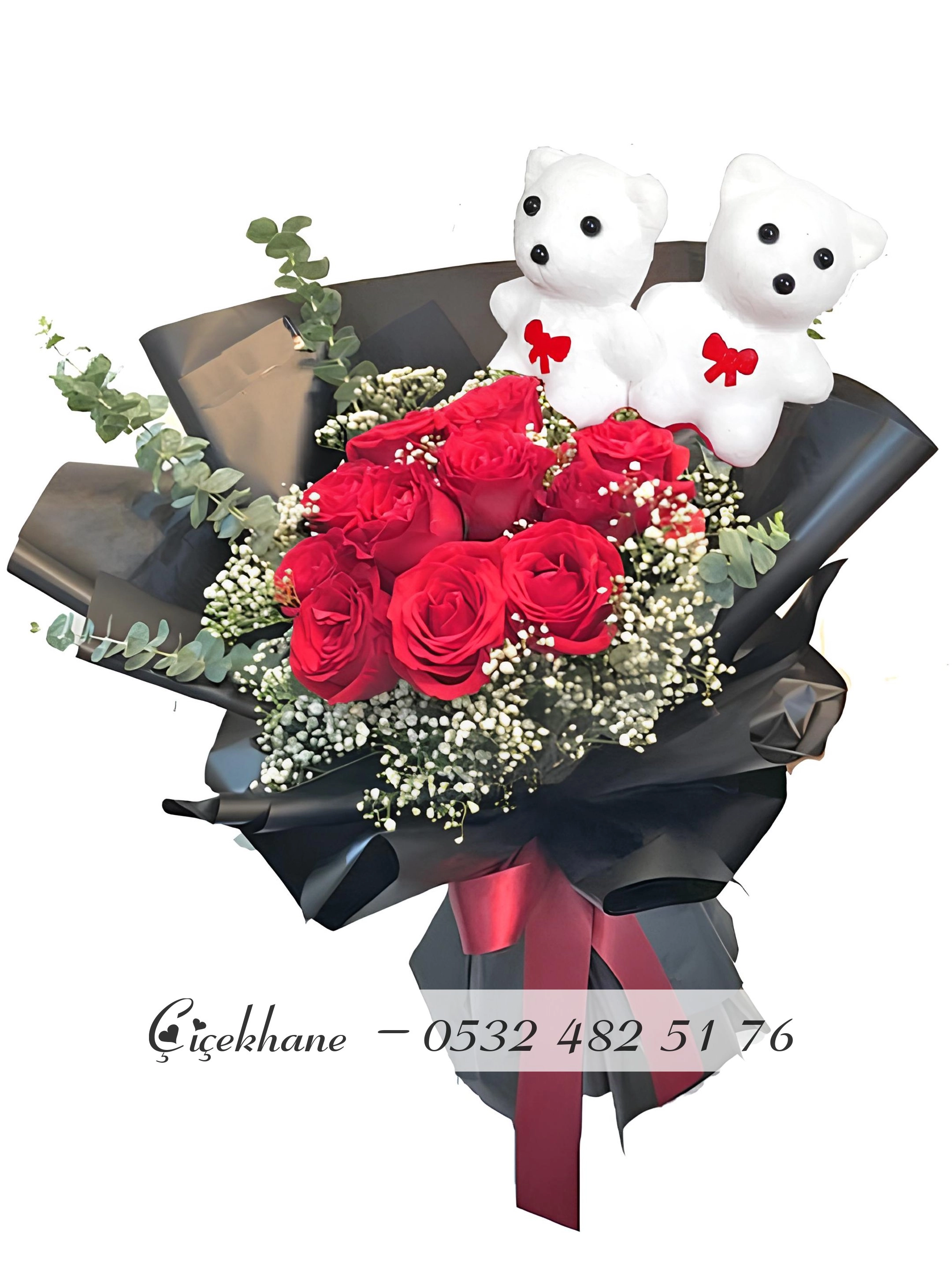 10 Kırmızı Gül Ve Sevimli Ayıcık Buketi