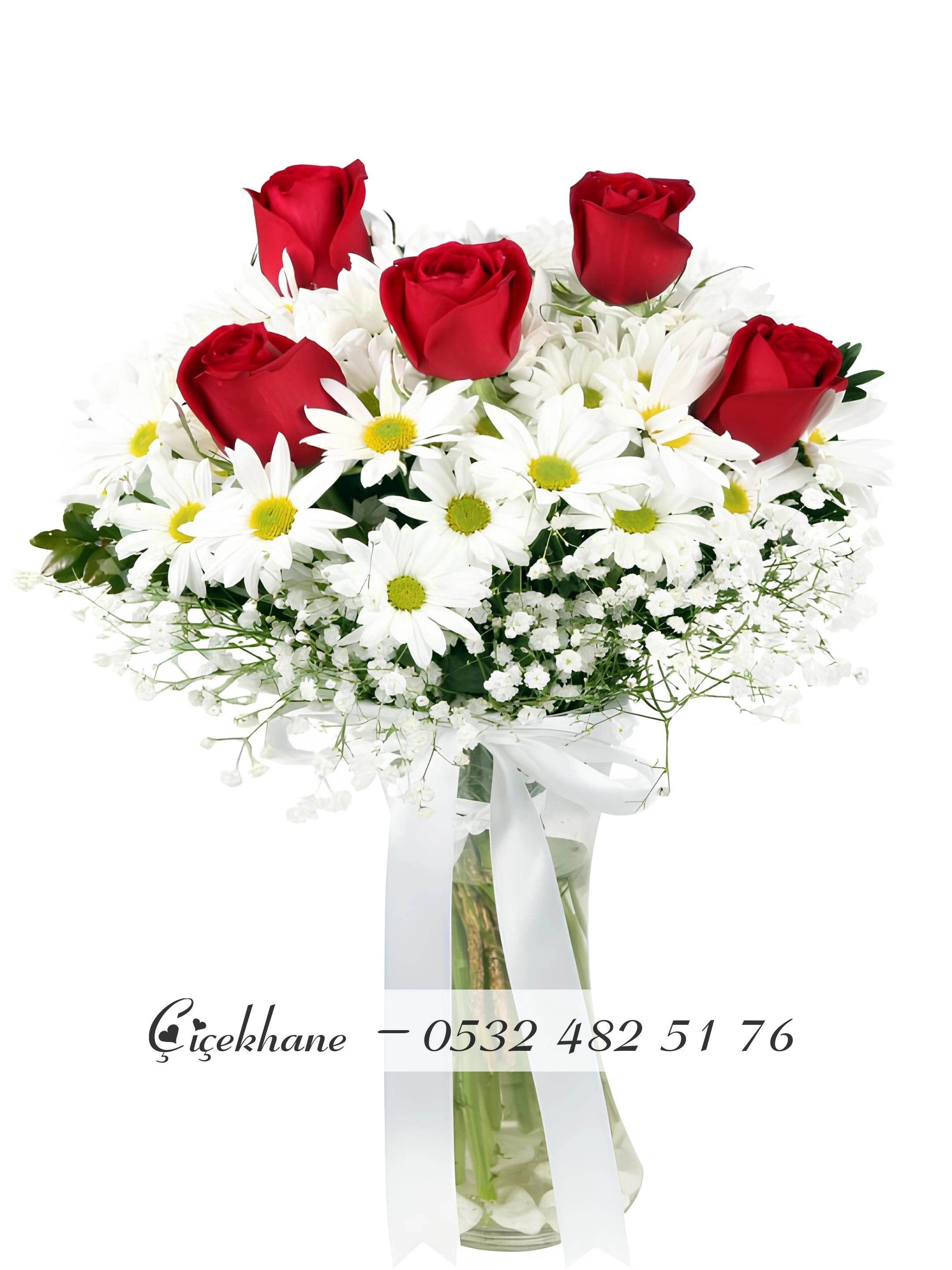 5 Gül Ve Papatyalar Cam Vazo