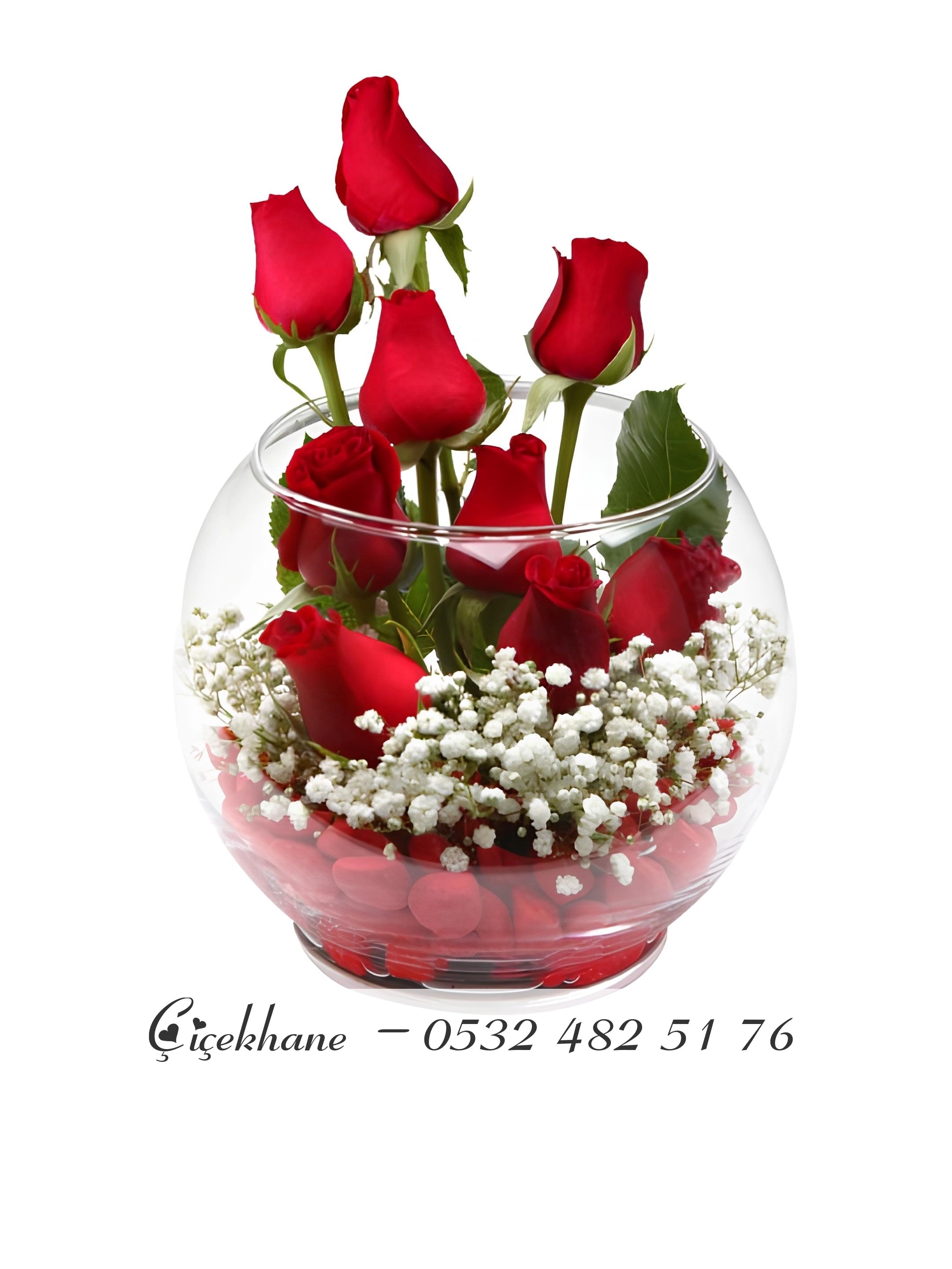 9 Adet Gül Ve Taşlı Fanus