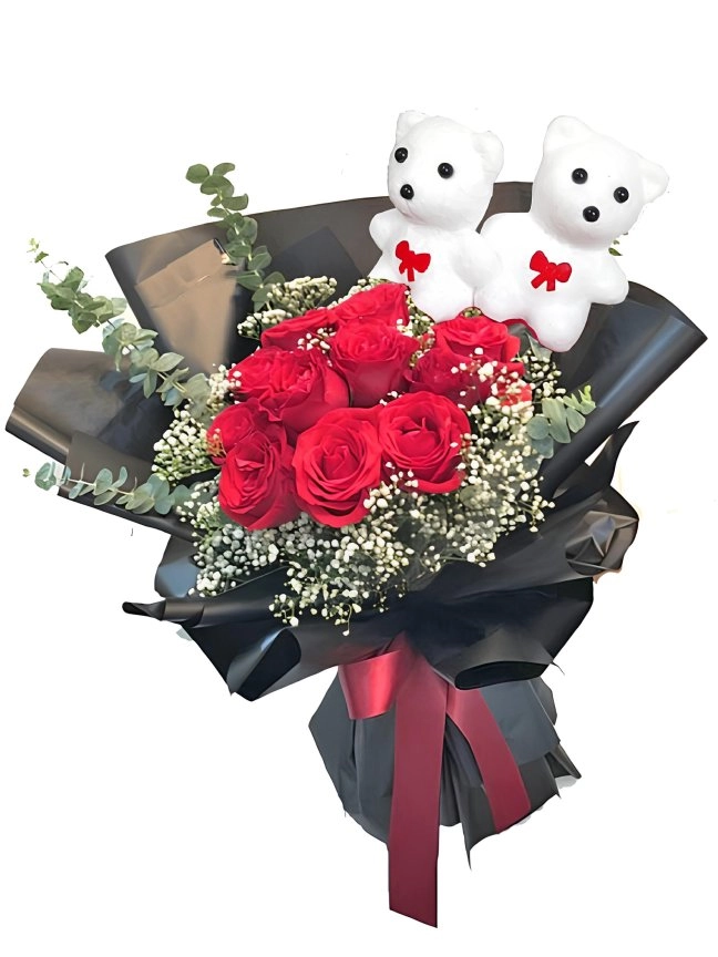 10 Kırmızı Gül Ve Sevimli Ayıcık Buketi