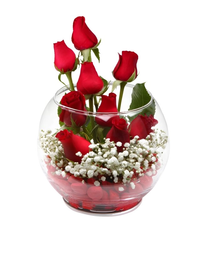 9 Adet Gül Ve Taşlı Fanus